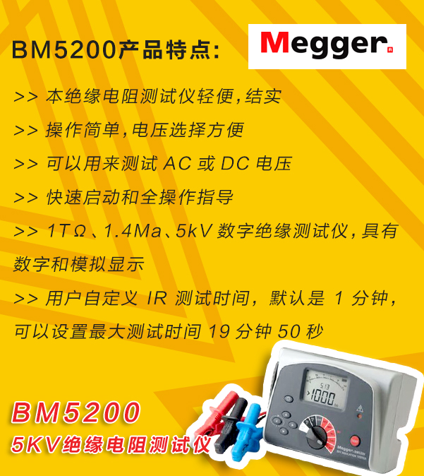 MEGGER,<a href='http://m.tjjxsd56.com/tongyi.html'>絕緣電阻</a>測試儀,BM5200